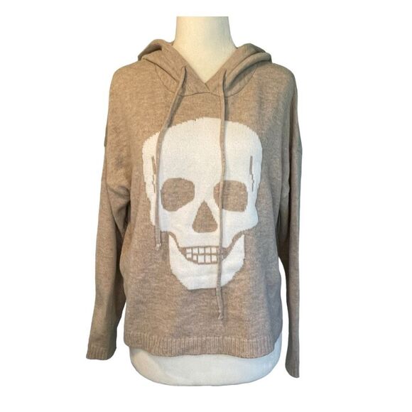 Sweet Romeo Skull Print Hooded Sweater Tan White Knit Long Sleeve Pull-Over S - Picture 1 of 5